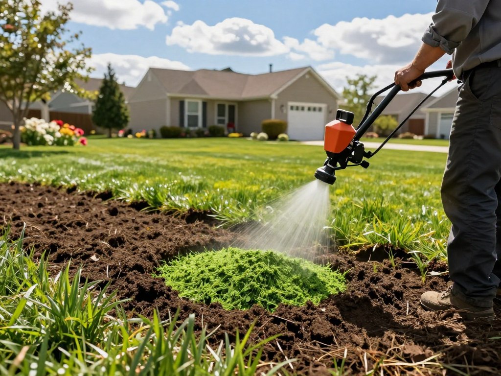 A residential lawn being transformed by the hydroseeding process. In the foreground, a professional in a tidy uniform operates a hydroseeding machine, spraying a vibrant green mixture across the soil. The middle ground captures freshly seeded patches of grass, with rich, wet soil visible, showing the incredible potential of new growth. In the background, a suburban home stands, framed by blooming flowers and a clear blue sky. Sunlight filters through fluffy clouds, casting soft shadows across the lawn, creating a lively and hopeful atmosphere. The composition should have a slightly elevated angle, capturing the action and progression of hydroseeding. Emphasize the lush green grass and the vibrant colors of the mixture for a dynamic visual effect.