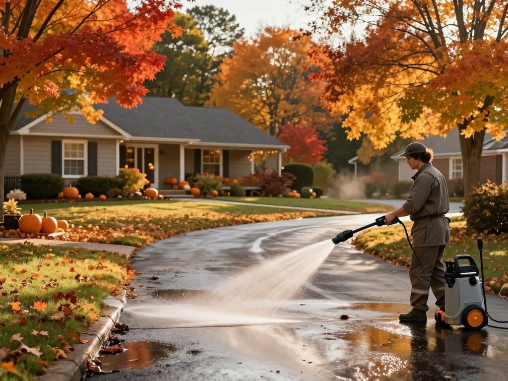 A serene autumn scene featuring a driveway being pressure washed, surrounded by vibrant fall foliage in shades of orange, red, and yellow. In the foreground, a person dressed in a modest, professional outfit operates a pressure washer, spraying water that glistens in the warm afternoon sun. The middle ground showcases the driveway, where dirt and debris are being removed, revealing a clean, inviting surface. In the background, a suburban home adorned with pumpkins and fall decorations adds to the seasonal atmosphere. Soft, golden light filters through the trees, creating a cozy, inviting mood, while a slight hint of mist accentuates the freshness of the scene. The angle captures both the action and the beautiful surroundings, painting a picture of effective seasonal home care.