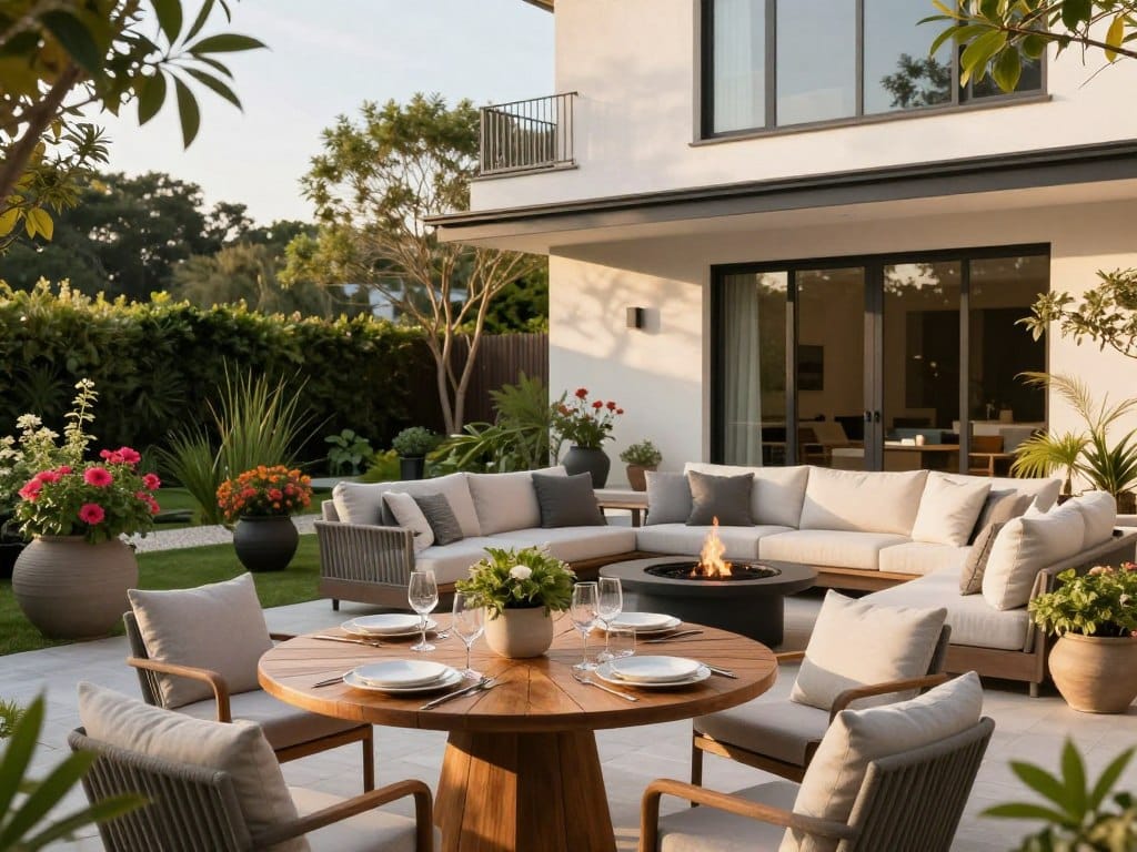 A serene outdoor living space seamlessly connected to a contemporary house, showcasing a stylish patio adorned with comfortable, weather-resistant furniture. In the foreground, a round wooden table set for a casual dining experience with elegant tableware. The middle ground features lush greenery, decorative planters with vibrant flowers, and a cozy fire pit surrounded by plush seating. In the background, the house's modern architecture with large glass windows allowing natural light to spill into the space. Soft, golden hour lighting enhances the warm atmosphere, casting gentle shadows. The scene evokes relaxation and tranquility, appealing to those dreaming of custom outdoor spaces for leisure and entertainment.