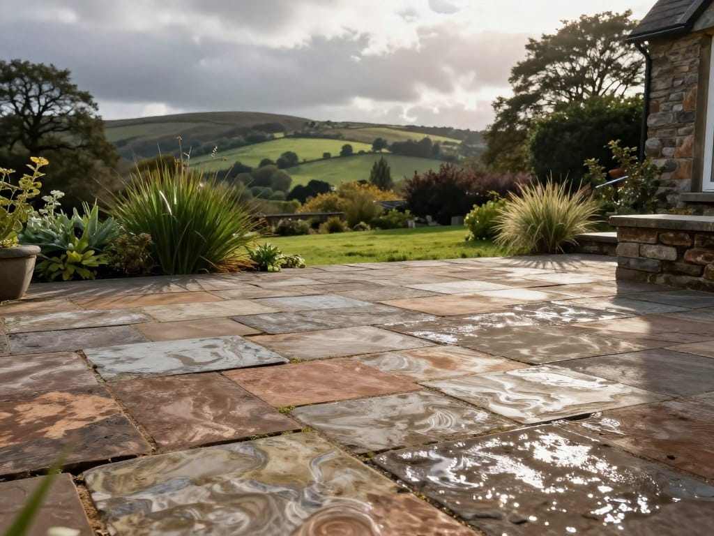 A serene outdoor stone patio in Ludlow, showcasing various paver designs that illustrate the impact of local weather. In the foreground, focus on the rich textures and colors of the weather-worn stones, with a light sheen of protective sealing visible. The middle ground includes lush greenery, such as native plants and shrubs, framing the patio, while in the background, gently rolling hills under a cloudy, moody sky capture the essence of Ludlow's climate. Soft, diffused sunlight filters through the clouds, casting natural shadows that enhance the depth of the scene. The atmosphere conveys tranquility coupled with resilience, inviting viewers to appreciate the careful maintenance of outdoor surfaces in challenging weather conditions.