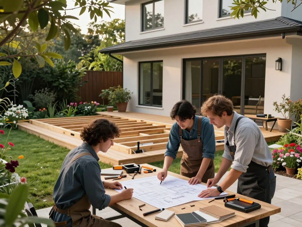 A serene outdoor workspace showcasing the custom design and build process for outdoor living spaces attached to a modern house. In the foreground, craftspeople in professional attire are actively discussing a blueprint spread on a table adorned with tools and samples of materials. The middle ground features a partially constructed patio area, with wooden beams and composite decking taking shape, framed by lush greenery and colorful flowers. The background reveals the house with large windows allowing natural light to flood the area, creating an inviting atmosphere. Use soft, warm lighting to highlight the craftsmanship, and angle the image to capture a dynamic perspective that emphasizes collaboration and creativity in outdoor design. The mood is optimistic and professional, reflecting a harmonious blend of nature and architecture.