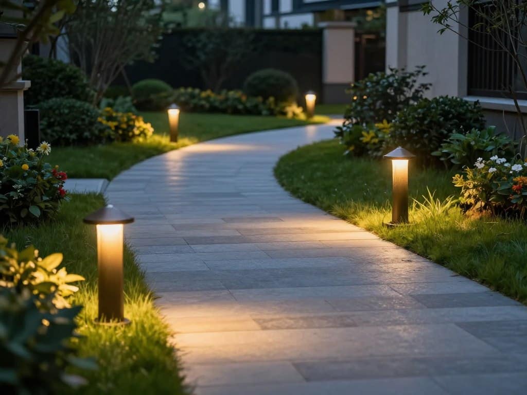A serene residential walkway at dusk featuring elegant bronze low voltage path lights outdoor spaced evenly along a stone path, casting a warm yellow glow on the surrounding green grass and flower beds, professional photography style, high contrast.