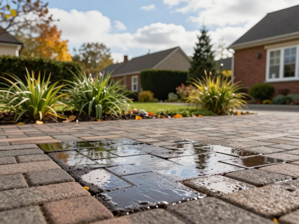 A serene suburban scene in Ludlow showcasing optimal timing for paver sealing. In the foreground, well-maintained pavers are shown glistening with a fresh sealant application, reflecting soft natural light. A subtle change in seasons is evident in the middle ground, where lush green plants and a few autumn leaves hint at mild weather, ideal for sealing work. In the background, a clear blue sky suggests a sunny day, with gentle clouds enhancing the tranquil atmosphere. The composition is captured from a slightly elevated angle, allowing for an overview of the paver area surrounded by vibrant landscaping. The image conveys a sense of care and attention to detail, urging the viewer to appreciate the importance of selecting the right timing for maintaining outdoor spaces.