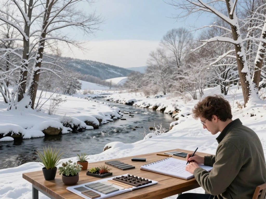 A serene winter landscape design planning scene, capturing a peaceful outdoor setting blanketed in fresh snow. In the foreground, a professional landscape designer in smart casual clothing sketches on a large notepad, surrounded by various samples of winter plants, paving stones, and fence materials on a rustic wooden table. In the middle ground, a gently flowing creek is partially frozen, reflecting the muted winter sunlight, while snow-laden trees stand tall around it. In the background, soft snow-covered hills rise under a clear, pale blue sky showcasing a calm and contemplative winter atmosphere. The overall lighting is soft and diffused, enhancing the tranquil mood.