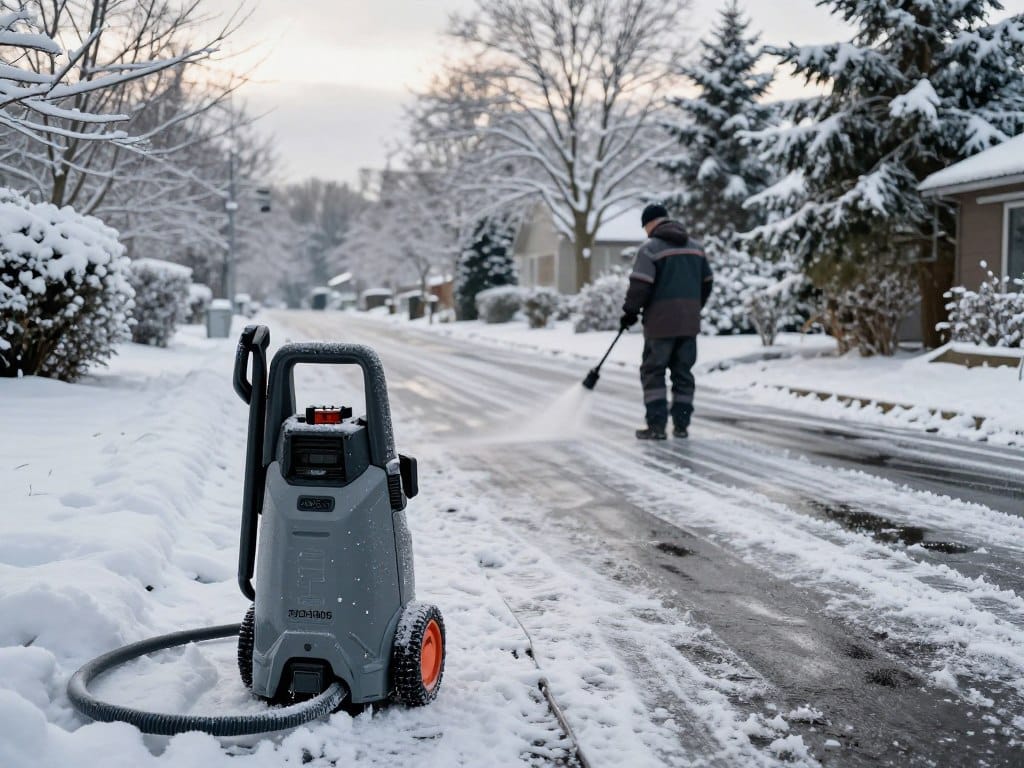 A snowy winter driveway, covered in a layer of frost, is the central focus of the image. In the foreground, a professional pressure washer is positioned, its hose coiling on the ground, with droplets of ice visible on its surface. A nearby outdoor extension cord runs through the snow, hinting at the cold environment. In the middle ground, a person dressed in a warm, professional winter outfit stands, facing the driveway, inspecting the frosted surface, highlighting the impracticality of pressure washing during winter. The background features snow-laden trees and a cloudy sky, casting soft, diffused light, creating a muted, chilly atmosphere. The scene should evoke a sense of caution and contemplation, emphasizing the potential risks of pressure washing in winter conditions.