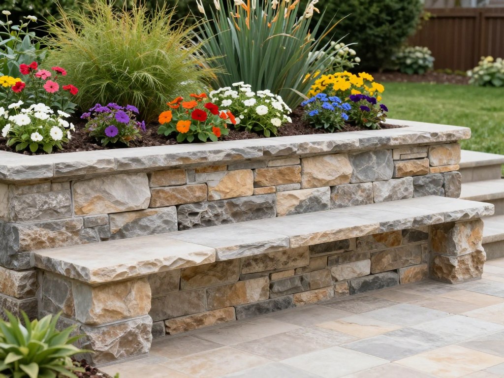 A tiered retaining wall made of natural stone blocks with built-in bench seating near a lush garden bed.