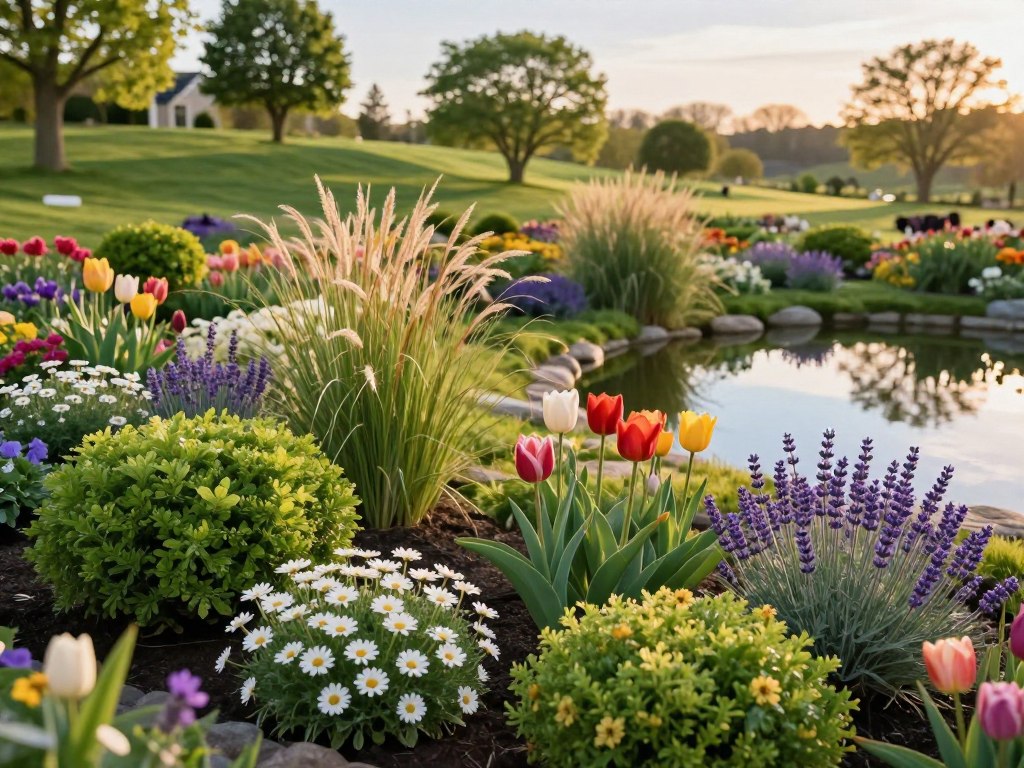 A vibrant landscape showcasing a softscape theme, filled with an array of colorful flowers and lush green shrubs in the foreground. Delicate daisies, vibrant tulips, and fragrant lavender bloom gracefully amidst vibrant greenery. In the middle ground, carefully arranged ornamental grasses sway gently in a light breeze, while a small, serene pond reflects the blue sky and surrounding flora. The background features rolling hills dotted with clusters of leafy trees under a warm, golden sunlight, creating a welcoming, serene atmosphere. The overall mood is peaceful and rejuvenating, capturing the essence of living, growing elements that enhance a yard. The scene is illuminated by soft, diffused sunlight, with a slightly elevated angle to showcase the depth and natural beauty of the softscape elements.