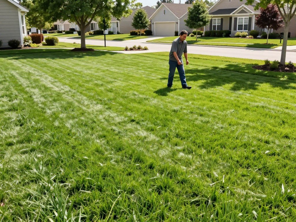 A vibrant, lush green lawn newly established through hydroseeding, showcasing various patches of healthy grass thriving in the foreground. The middle ground features a professional landscaper in modest, casual clothing, carefully inspecting the lawn's growth with a satisfied expression. In the background, a beautiful suburban neighborhood is visible with well-maintained houses and trees, under bright, natural sunlight casting soft shadows. The composition is captured from a slightly elevated angle, offering a comprehensive view of the lawn’s transformation. The atmosphere is cheerful and inviting, highlighting the benefits of hydroseeding with an emphasis on growth and beauty, devoid of distractions or text elements.