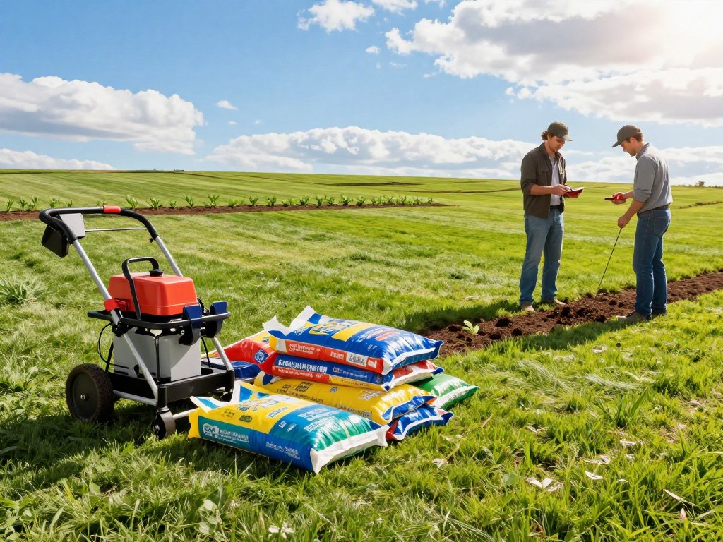 A vibrant scene depicting a lawn renovation project in full swing. In the foreground, a neatly organized array of colorful hydroseeding equipment, including a hydroseeder machine and bags of seed mix. Two professionals, dressed in smart casual attire, analyze soil conditions with a soil testing kit. The middle ground features a freshly treated lawn with evenly distributed green patches and signs of new growth. In the background, a sunny blue sky with soft, fluffy clouds enhances the mood, representing a perfect working day. The sunlight casts gentle shadows, creating depth and warmth. The camera angle is slightly elevated, providing a clear view of the entire process, emphasizing the innovative aspects of lawn renovation and hydroseeding.