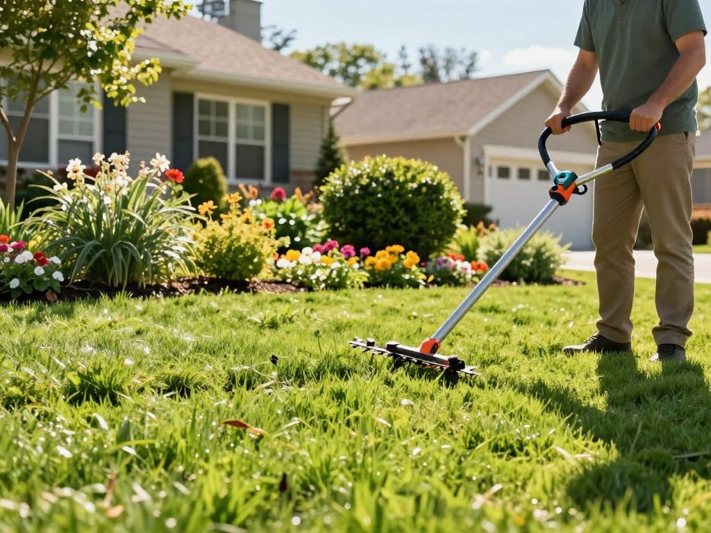 A vibrant suburban lawn during the peak season, showcasing seasonal lawn care services. In the foreground, a professional landscaper in casual, modest clothing uses a line trimmer to neatly edge a lush, green lawn. In the middle, a well-maintained garden with colorful flowers and freshly pruned bushes highlights the results of seasonal maintenance. The background depicts a picturesque home with bright sunlight bathing the scene, casting soft shadows that enhance the details of the vibrant lawn. The atmosphere is warm and inviting, suggesting care and attention to detail in lawn care. Capture this scene with a slight depth of field focus, letting the colors of the greenery pop under clear blue skies.