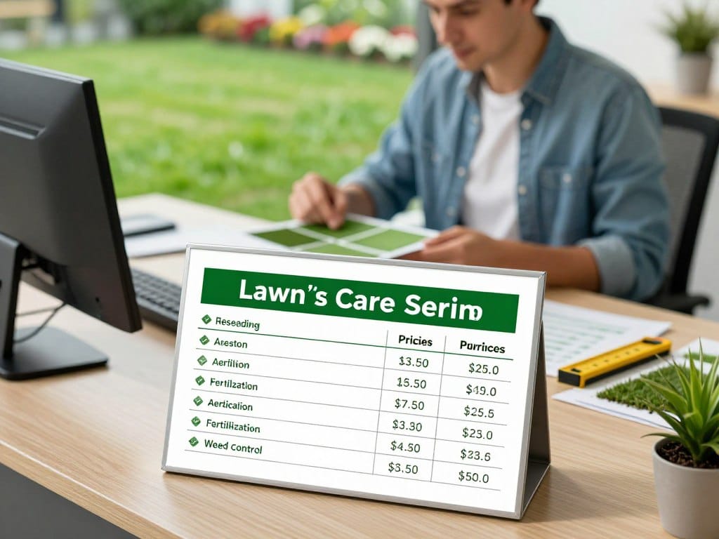 A visually appealing office space displaying a detailed lawn care service pricing board. In the foreground, a well-organized price list outlining costs for various lawn renovation services, such as reseeding, aeration, fertilization, and weed control. The middle section features a professional landscape designer in smart casual attire, analyzing lawn samples on a table, with tools like a soil tester and measuring instruments nearby. The background shows a neatly landscaped lawn with vibrant green grass and blooming flowers under soft, natural lighting. The atmosphere should convey professionalism and attention to detail, with a focus on quality service and expertise in lawn care. The angle captures the desk and pricing board centrally, inviting viewers to engage with the information presented.