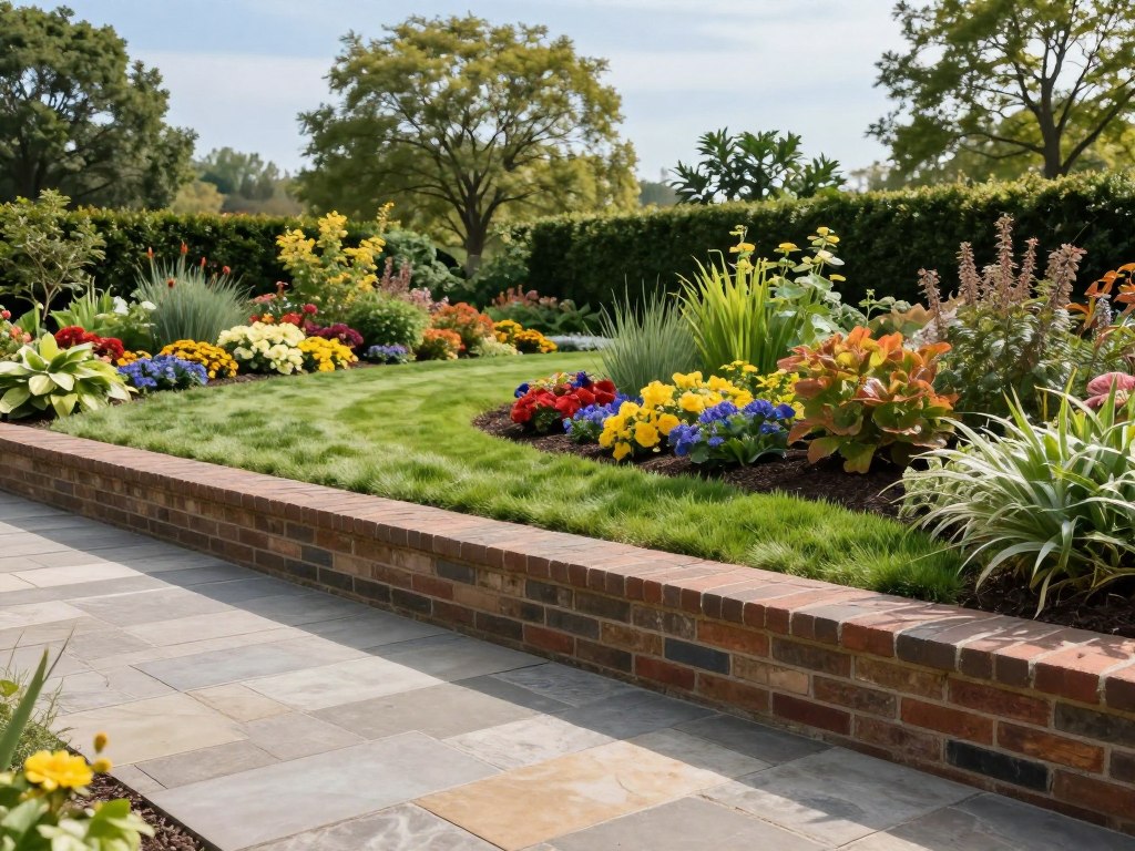 A visually striking comparison of hardscape and softscape materials, set in a serene garden landscape. In the foreground, depict beautifully arranged hardscape elements, such as paved stone pathways and brick retaining walls, showcasing textures and shadows. In the middle ground, lush green grass and vibrant flower beds represent softscape materials, with a variety of plants demonstrating different colors and shapes. In the background, include mature trees and a clear blue sky, adding depth and a sense of tranquility. Utilize soft, natural lighting to enhance the colors and textures, creating a harmonious atmosphere. The camera angle should be slightly elevated to capture the entire scene, emphasizing the contrast between the organized, structured hardscapes and the organic, fluid forms of softscapes.