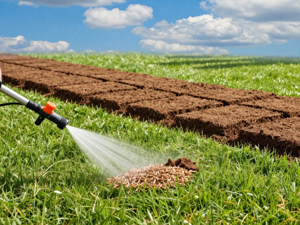 A vivid comparison of hydroseeding and sod installation in a picturesque garden setting. In the foreground, showcase a lush green area where hydroseeding is being applied, featuring a spray nozzle releasing a mixture of seeds, mulch, and fertilizer over freshly tilled soil. In the middle ground, contrast this with freshly laid sod pieces, neatly arranged on another section of the lawn, showcasing the difference in texture and appearance. In the background, a vibrant blue sky with soft white clouds enhances the serene atmosphere. The lighting is bright and natural, suggesting midday sun, casting gentle shadows across the landscape. The scene conveys a sense of peaceful transformation and the ease of modern landscaping techniques.