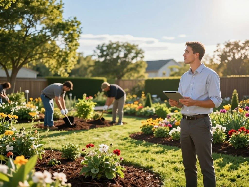 A well-organized landscaping project scene reflecting the best time of year for outdoor work. In the foreground, a landscape architect with a tablet stands confidently, dressed in professional attire, surveying a vibrant green garden with blooming flowers. In the middle ground, workers are seen planting shrubs and laying down mulch, showcasing teamwork and activity. The background features a clear blue sky with soft, golden sunlight filtering through lush trees, creating an inviting and warm atmosphere. The scene conveys a sense of purpose and care, emphasizing the importance of timing in landscaping projects. Capture the details with a crisp focus, using a slight depth of field to highlight the foreground elements while allowing the action in the middle ground to blend harmoniously.
