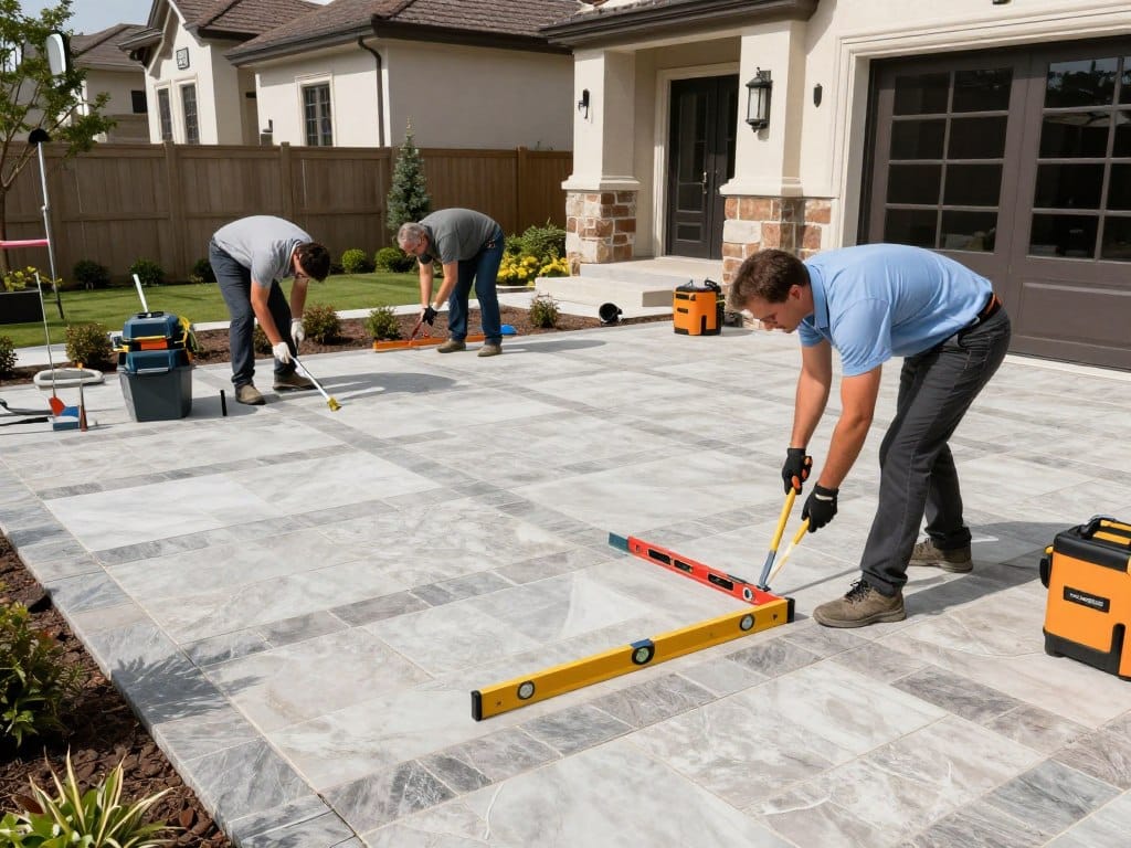 A wide-angle, high-quality photograph of a professional hardscaping team in uniform installing a custom flagstone patio on a luxury residential property, featuring leveling tools and modern equipment under bright daylight, realistic style.