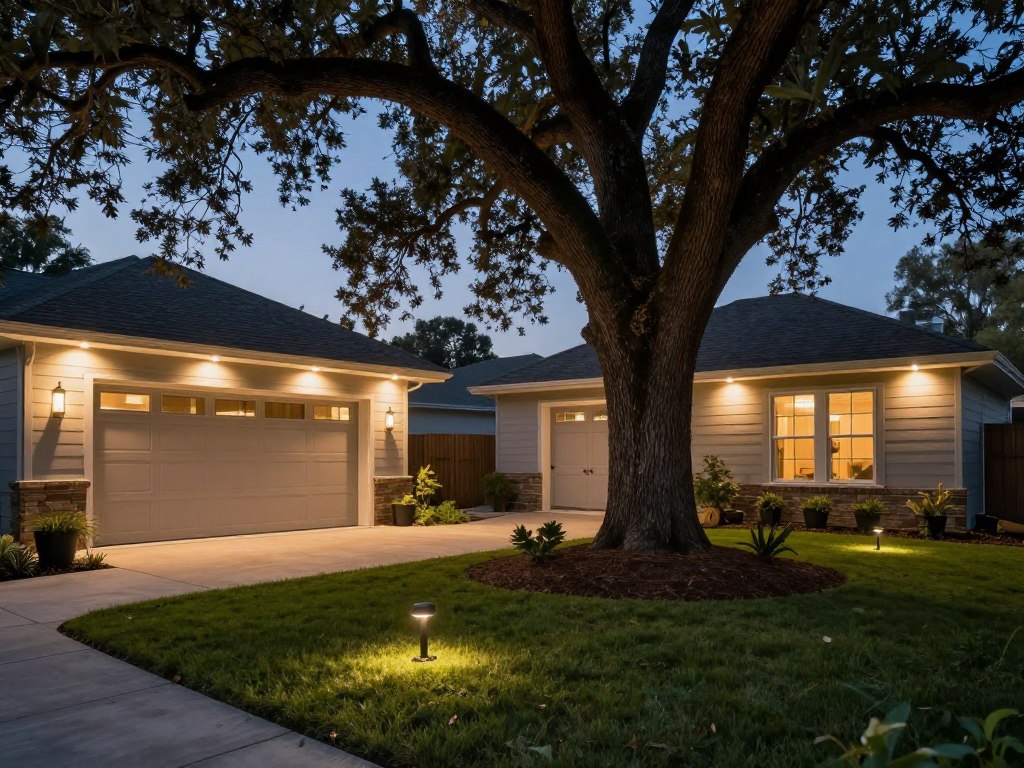 A wide-angle, high-quality photograph of a suburban backyard at dusk featuring low voltage well lights illuminating a large oak tree from the ground and soft downlights mounted in the eaves of a modern home, creating a moonlighting effect on the patio, 8k resolution, cinematic lighting.