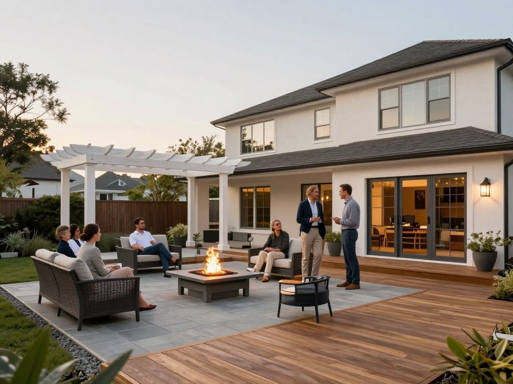 A wide-angle photorealistic shot of a luxury backyard featuring a wooden deck, a stone patio with a fire pit, and a white pergola, all attached to a modern suburban house during golden hour.