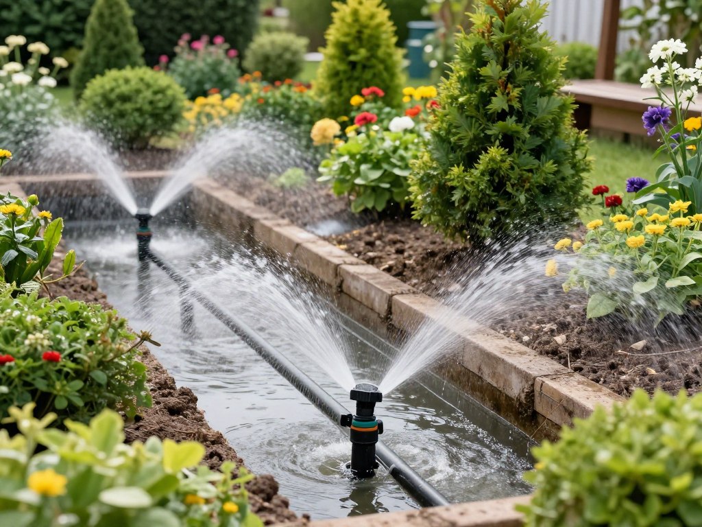 An underground irrigation system being tested in a garden, multiple spray heads watering a variety of ornamental shrubs and flowers, crisp clear details.