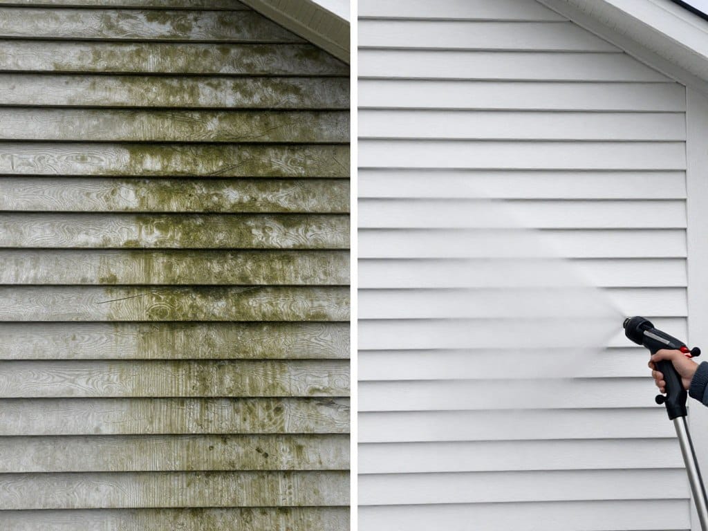 Before and after comparison of pressure washing on a Ludlow home showing dramatic cleaning results Before and after comparison of pressure washing on a Ludlow home showing dramatic cleaning results