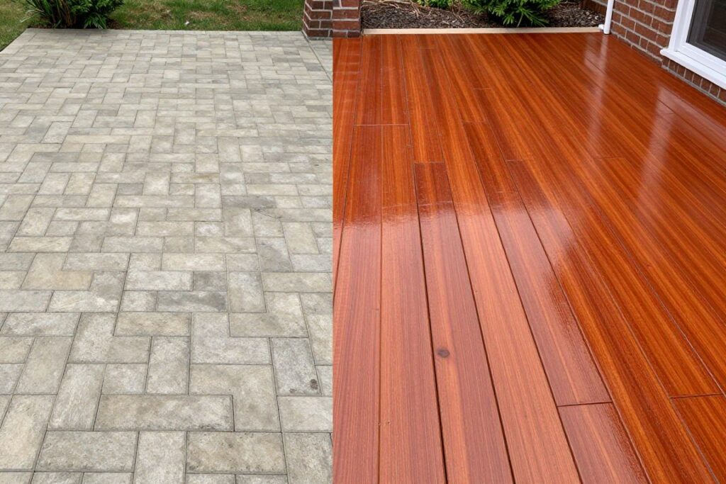 Before and after paver sealing showing dramatic color enhancement Before and after paver sealing showing dramatic color enhancement