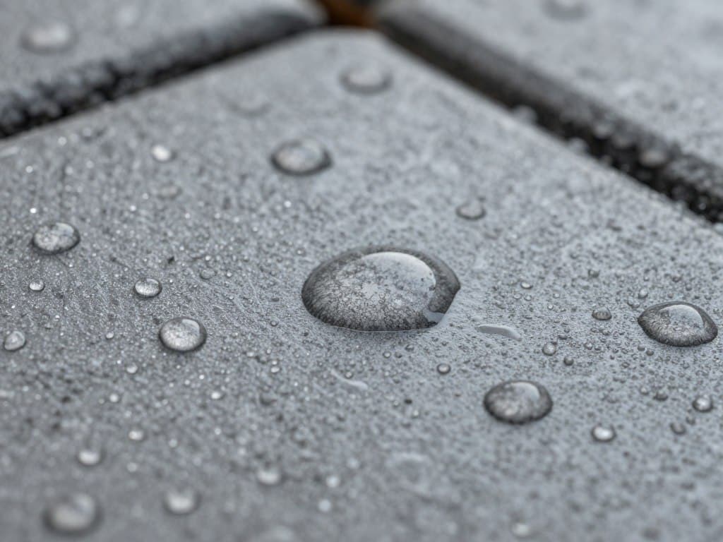 Close-up of water beading on sealed paver surface demonstrating protection Close-up of water beading on sealed paver surface demonstrating protection