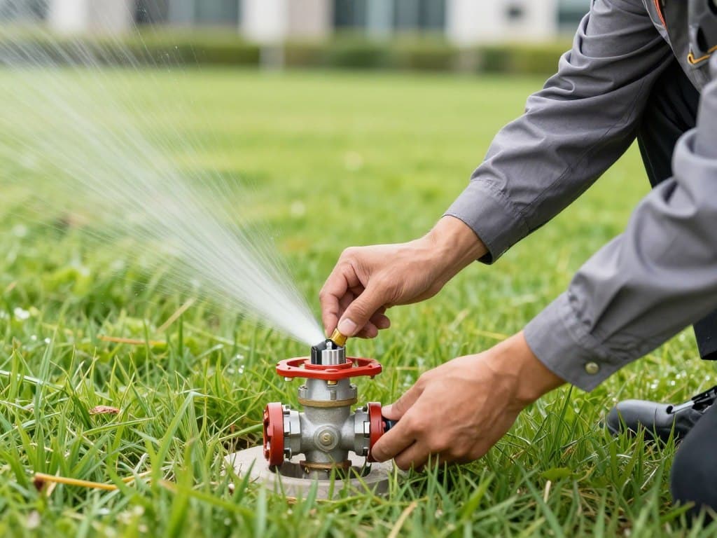 Close-up photo of a professional technician performing commercial sprinkler repair services, replacing a damaged valve box on a lush green corporate lawn during a sunny day.