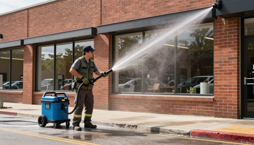Commercial building exterior in Ludlow receiving professional pressure washing service Commercial building exterior in Ludlow receiving professional pressure washing service