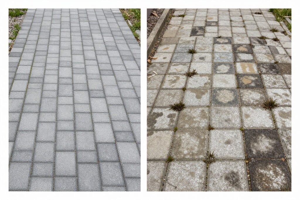Comparison of protected versus unprotected pavers showing weather damage Comparison of protected versus unprotected pavers showing weather damage