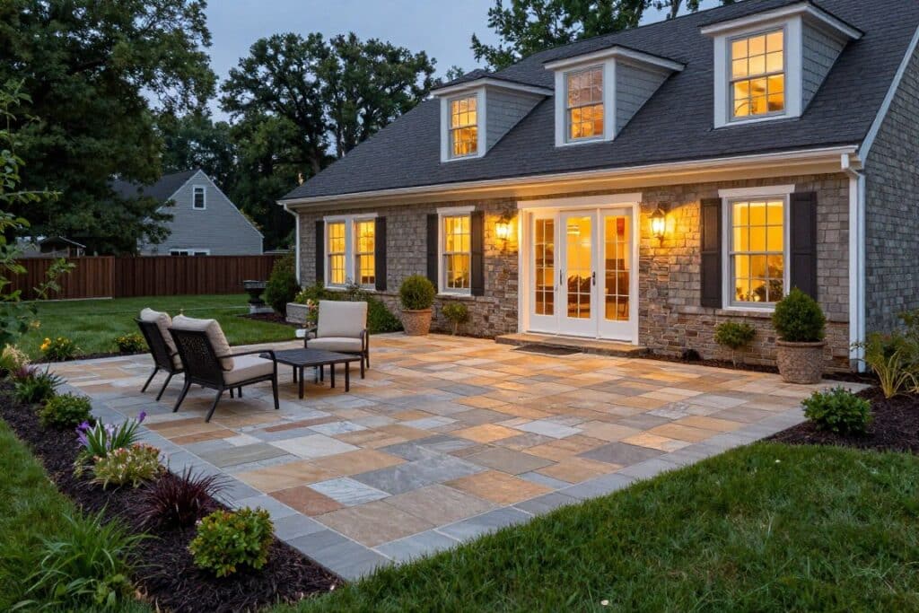 Custom stone patio installation in Ludlow backyard