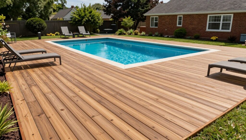 Finished sealed paver pool deck in Ludlow showing enhanced colors Finished sealed paver pool deck in Ludlow showing enhanced colors