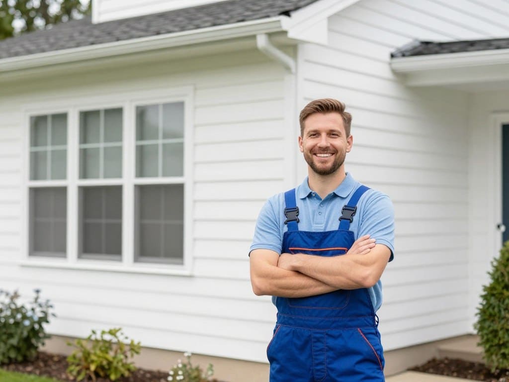 Happy Ludlow homeowner admiring clean home exterior after St. Clair Landscaping pressure washing service Happy Ludlow homeowner admiring clean home exterior after St. Clair Landscaping pressure washing service