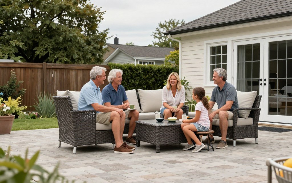Happy Ludlow homeowners enjoying their protected paver patio Happy Ludlow homeowners enjoying their protected paver patio