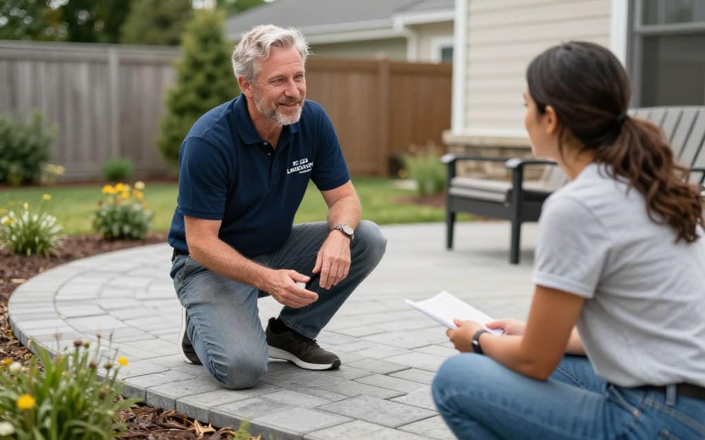 Homeowner consulting with St. Clair expert about paver protection Homeowner consulting with St. Clair expert about paver protection