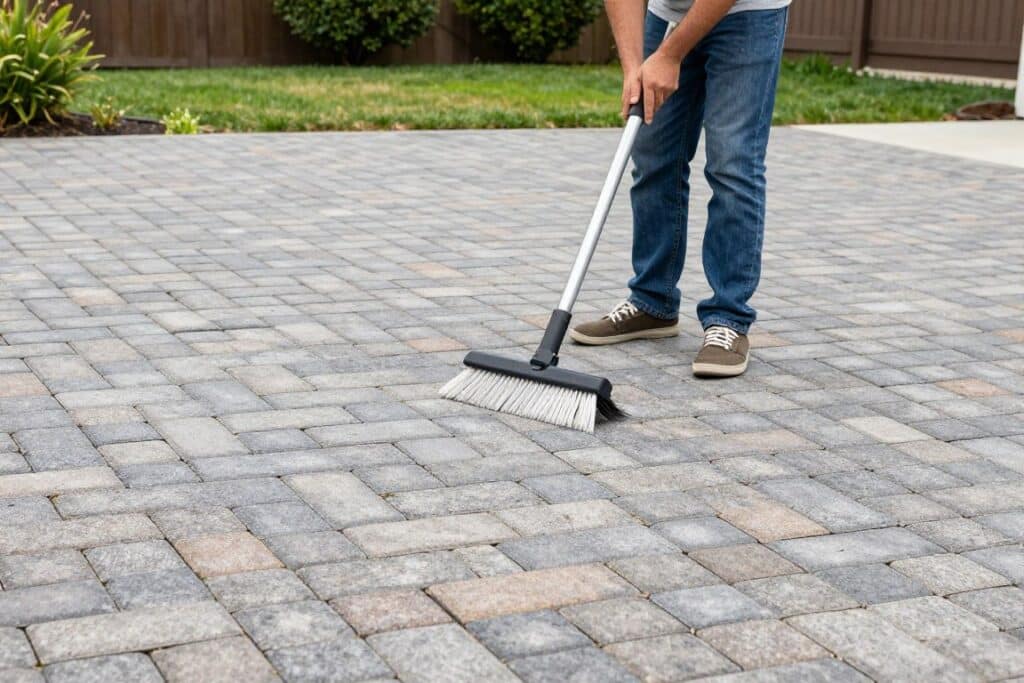 Homeowner performing simple maintenance on sealed pavers Homeowner performing simple maintenance on sealed pavers