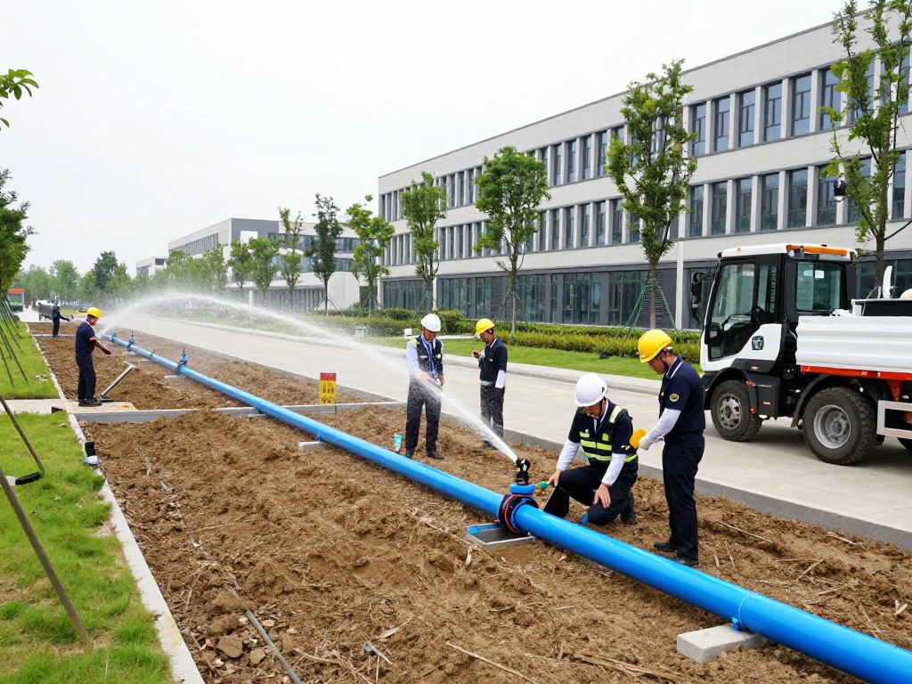 Hyper-realistic wide-angle shot of a professional crew performing a commercial irrigation system installation on a corporate campus, showing blue pipes and modern trenching equipment in a clean, organized workspace.