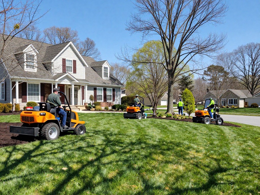 Landscaping crew working on lawn maintenance in Ludlow