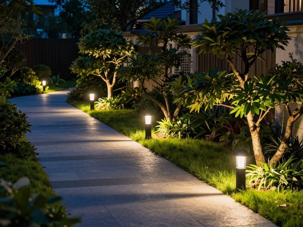 Low-voltage LED landscape lighting illuminating a stone walkway and highlighting ornamental trees in a backyard at night.