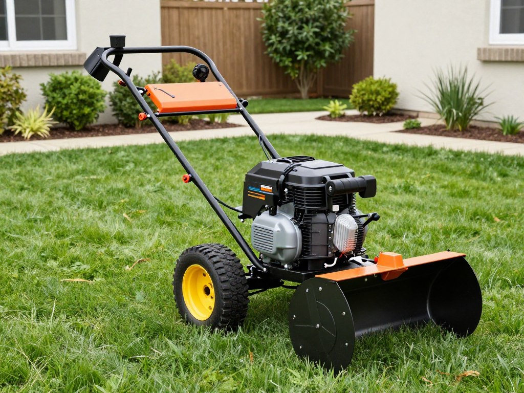 Photo of a heavy-duty walk-behind power scarifier for lawn renovation on a residential yard.