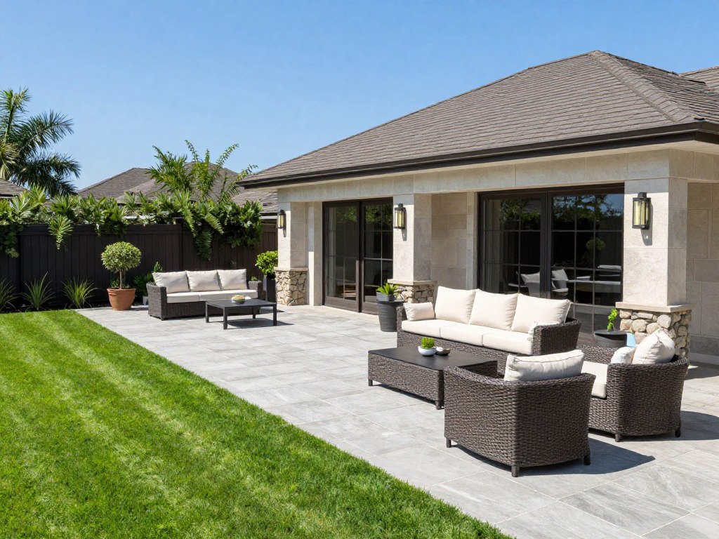 Professional high-angle photography of a luxury stone patio and outdoor living space under a clear summer sky with vibrant green lawn surroundings.