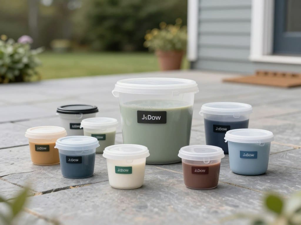 Professional landscape photography showing a collection of different sealer containers arranged on a clean, modern stone patio in Ludlow, Massachusetts, soft natural lighting.