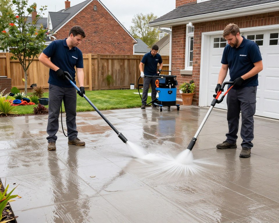Professional team cleaning pavers before sealing application in Ludlow Professional team cleaning pavers before sealing application in Ludlow