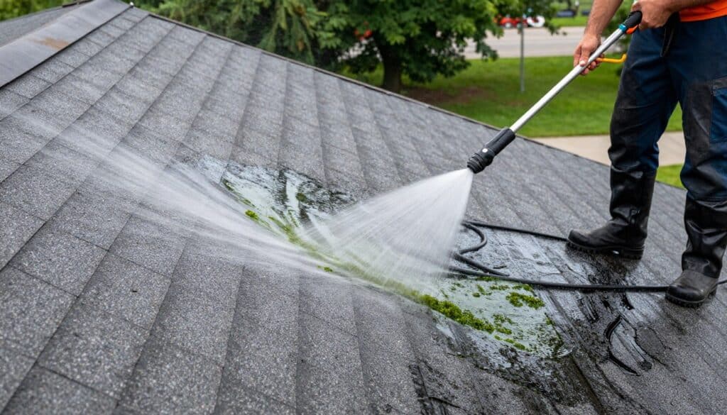 Roof cleaning service removing algae and stains from asphalt shingles in Ludlow Roof cleaning service removing algae and stains from asphalt shingles in Ludlow