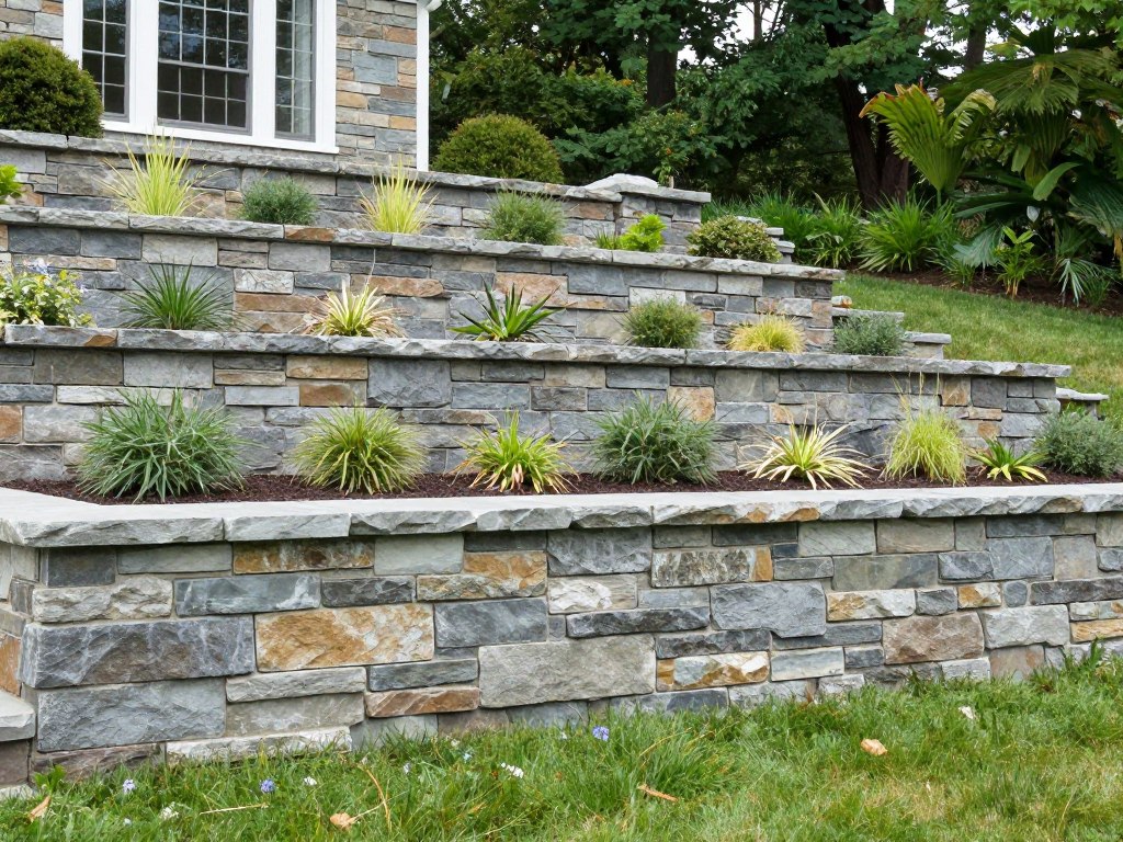 Stone retaining wall in Ludlow landscape