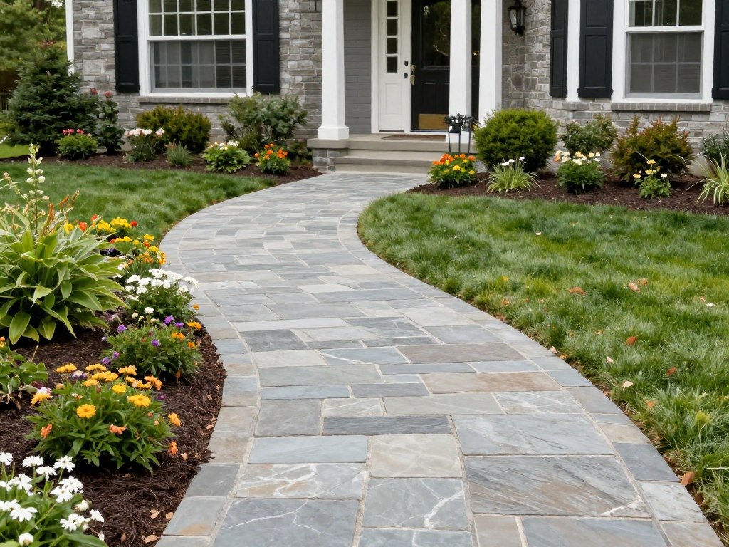 Stone walkway through Ludlow residential landscape