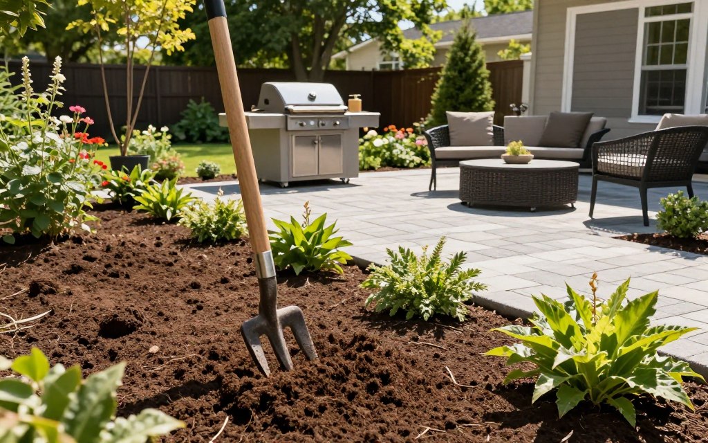A backyard renovation showcasing various landscaping features focusing on the importance of soil quality. In the foreground, rich brown soil is being turned with a garden fork alongside healthy, vibrant plants. The middle ground features a newly installed paver patio, beautifully zoned into separate areas for cooking and lounging, complete with a modern grill and stylish outdoor furniture. The background provides a lush garden with trees and flowers that harmonize with the design. Natural sunlight illuminates the scene, creating warm shadows and enhancing the colors. The composition is balanced, inviting, and conveys a serene, professional atmosphere, perfect for homeowners considering backyard improvements. A backyard renovation showcasing various landscaping features focusing on the importance of soil quality. In the foreground, rich brown soil is being turned with a garden fork alongside healthy, vibrant plants. The middle ground features a newly installed paver patio, beautifully zoned into separate areas for cooking and lounging, complete with a modern grill and stylish outdoor furniture. The background provides a lush garden with trees and flowers that harmonize with the design. Natural sunlight illuminates the scene, creating warm shadows and enhancing the colors. The composition is balanced, inviting, and conveys a serene, professional atmosphere, perfect for homeowners considering backyard improvements.