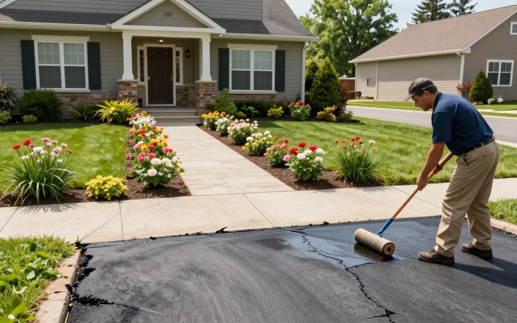 A beautifully maintained walkway and driveway maintenance scene showcasing a smooth asphalt driveway leading to a charming, well-kept home with a vibrant flower garden. In the foreground, a professional wearing a blue shirt and khaki pants is applying a sealant to a freshly repaired section of the driveway, using a roller brush. In the middle ground, the repaired, crack-free walkway is bordered by lush greenery, with a clean, inviting path leading up to the front door. The background features a serene suburban neighborhood under bright, natural daylight, suggesting a sunny afternoon. The atmosphere is calm and inviting, conveying a sense of pride in home maintenance. The angle is slightly elevated, focusing on both the maintenance activity and the beautiful landscaping surrounding the walkway and driveway. A beautifully maintained walkway and driveway maintenance scene showcasing a smooth asphalt driveway leading to a charming, well-kept home with a vibrant flower garden. In the foreground, a professional wearing a blue shirt and khaki pants is applying a sealant to a freshly repaired section of the driveway, using a roller brush. In the middle ground, the repaired, crack-free walkway is bordered by lush greenery, with a clean, inviting path leading up to the front door. The background features a serene suburban neighborhood under bright, natural daylight, suggesting a sunny afternoon. The atmosphere is calm and inviting, conveying a sense of pride in home maintenance. The angle is slightly elevated, focusing on both the maintenance activity and the beautiful landscaping surrounding the walkway and driveway.