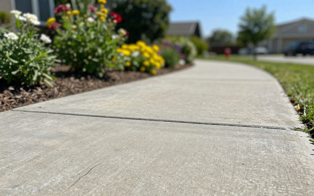 A concrete pathway stretches along a well-maintained garden, showcasing its textured surface with small cracks and imperfections. In the foreground, a close-up view reveals the details of the concrete, including the subtle variations in color and the gritty texture. The middle ground features a vibrant array of flowering plants, adding a touch of greenery with bright blossoms against the gray concrete. The background is softly blurred, depicting a serene suburban landscape with a clear blue sky, allowing the pathway to remain the focal point of the image. Natural sunlight bathes the scene, casting gentle shadows that enhance the textures. The mood is calm and inviting, suggesting an area ready for DIY repair, encouraging viewers to consider maintaining their own walkways. A concrete pathway stretches along a well-maintained garden, showcasing its textured surface with small cracks and imperfections. In the foreground, a close-up view reveals the details of the concrete, including the subtle variations in color and the gritty texture. The middle ground features a vibrant array of flowering plants, adding a touch of greenery with bright blossoms against the gray concrete. The background is softly blurred, depicting a serene suburban landscape with a clear blue sky, allowing the pathway to remain the focal point of the image. Natural sunlight bathes the scene, casting gentle shadows that enhance the textures. The mood is calm and inviting, suggesting an area ready for DIY repair, encouraging viewers to consider maintaining their own walkways.