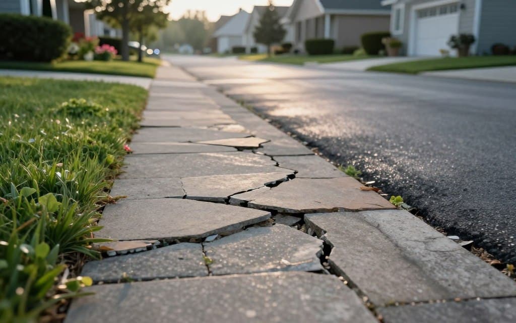 A cracked walkway and driveway sit in a suburban setting, serving as the focal point of the image. In the foreground, the walkway features visible fractures and uneven patches, with pieces of stone and concrete slightly displaced. The middle layer captures the driveway, which reflects a mix of light and shadow, showcasing its deteriorating condition with similar cracks. Lush green grass and a few flowering plants border both the walkway and driveway, adding a touch of color and life. The background reveals a tidy residential home under soft morning light, enhancing the mood to illustrate a repairable situation. A shallow depth of field focuses on the cracks, while ensuring the lighting highlights textures and imperfections, creating a sense of urgency and need for maintenance. A cracked walkway and driveway sit in a suburban setting, serving as the focal point of the image. In the foreground, the walkway features visible fractures and uneven patches, with pieces of stone and concrete slightly displaced. The middle layer captures the driveway, which reflects a mix of light and shadow, showcasing its deteriorating condition with similar cracks. Lush green grass and a few flowering plants border both the walkway and driveway, adding a touch of color and life. The background reveals a tidy residential home under soft morning light, enhancing the mood to illustrate a repairable situation. A shallow depth of field focuses on the cracks, while ensuring the lighting highlights textures and imperfections, creating a sense of urgency and need for maintenance.