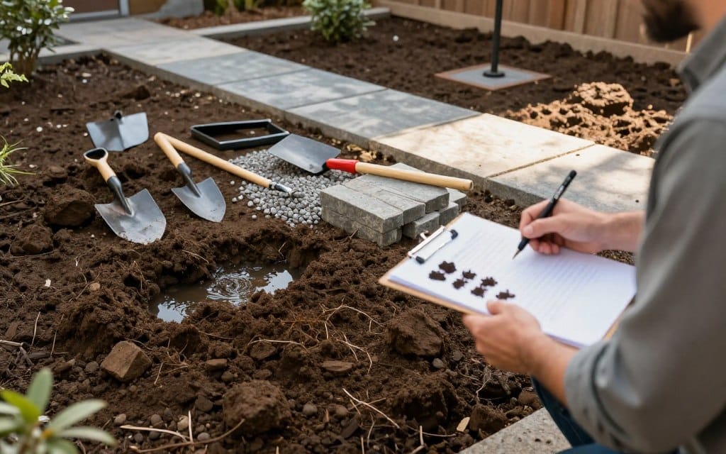 A detailed backyard renovation scene focusing on "ix bad soil and pooling water with hardscaping." In the foreground, a professional landscape architect analyzes soil conditions, wearing modest casual clothing and holding soil samples on clipboards. In the middle ground, various tools for hardscaping, such as shovels, gravel, and stone pavers, are neatly arranged. The background features a partially renovated yard with visible water pooling areas and patches of disturbed soil, leading to a newly installed stone pathway. Soft morning light casts gentle shadows, creating an atmosphere of focused tranquility, while the angle captures both the soil analysis and the hardscaping elements in harmonious composition. A detailed backyard renovation scene focusing on "ix bad soil and pooling water with hardscaping." In the foreground, a professional landscape architect analyzes soil conditions, wearing modest casual clothing and holding soil samples on clipboards. In the middle ground, various tools for hardscaping, such as shovels, gravel, and stone pavers, are neatly arranged. The background features a partially renovated yard with visible water pooling areas and patches of disturbed soil, leading to a newly installed stone pathway. Soft morning light casts gentle shadows, creating an atmosphere of focused tranquility, while the angle captures both the soil analysis and the hardscaping elements in harmonious composition.