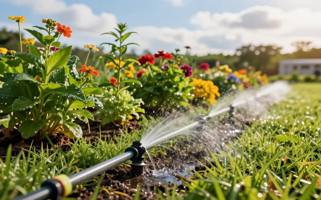 A detailed drip irrigation system in a lush green lawn setting, showcasing multiple drip lines and emitters installed among vibrant plants. In the foreground, focus on the drip emitters releasing a gentle stream of water onto the soil, with small droplets reflecting sunlight. The middle ground features healthy plants thriving in this environment, including a variety of colorful flowers and shrubs, their leaves glistening with moisture. The background reveals a clear blue sky with soft clouds, creating a serene atmosphere. Use warm, natural lighting to enhance the colors, shot from a slightly elevated angle that captures the entire system’s layout, conveying a sense of innovation and care for sustainable gardening practices.